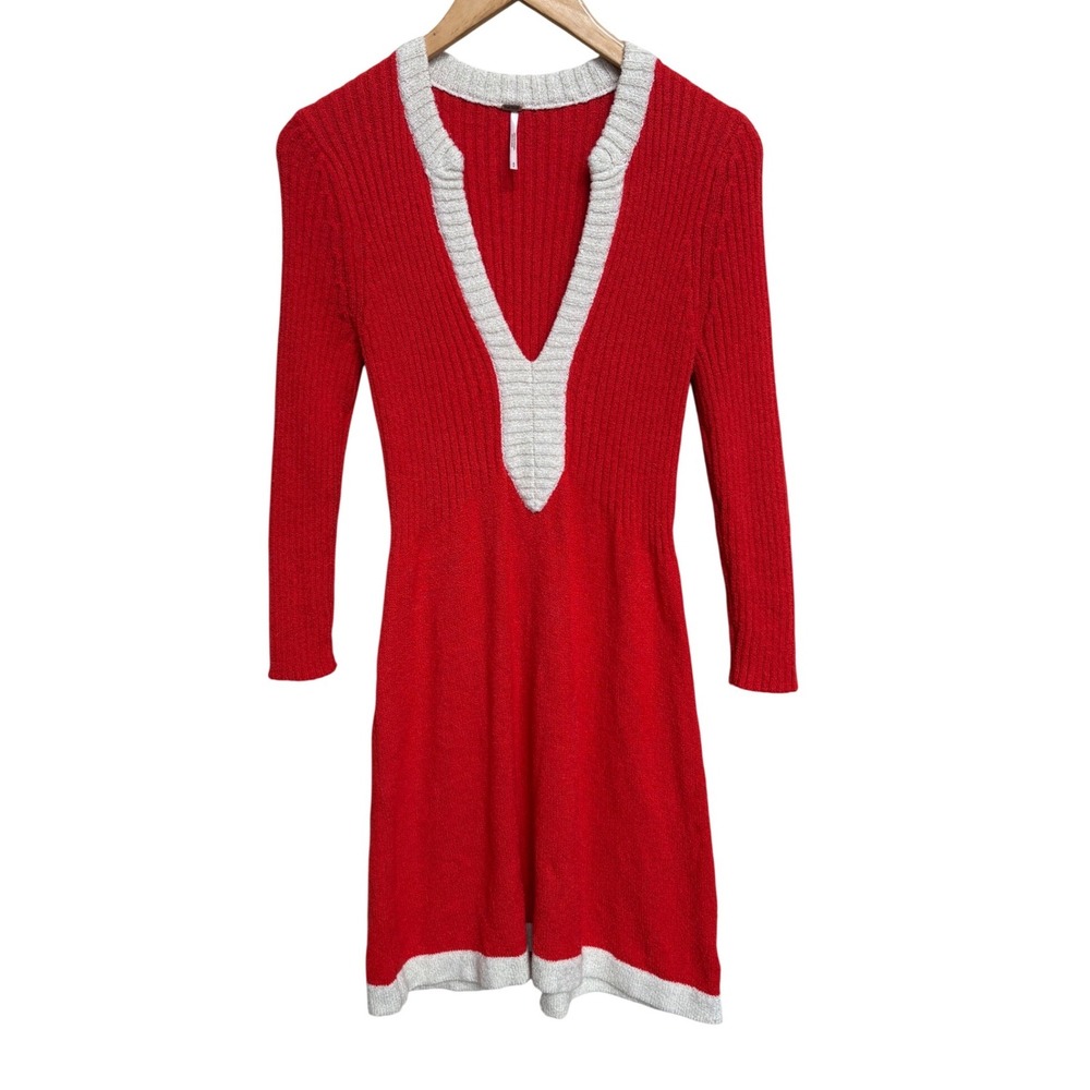 Free People Red Ribbed Knit V-Neck Mini Dress Long Sleeve Red Cream Trim Small